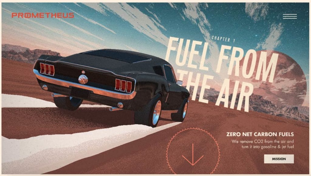 Interactive website Prometheus Fuels invites readers to learn how their company is creating fuel from the air