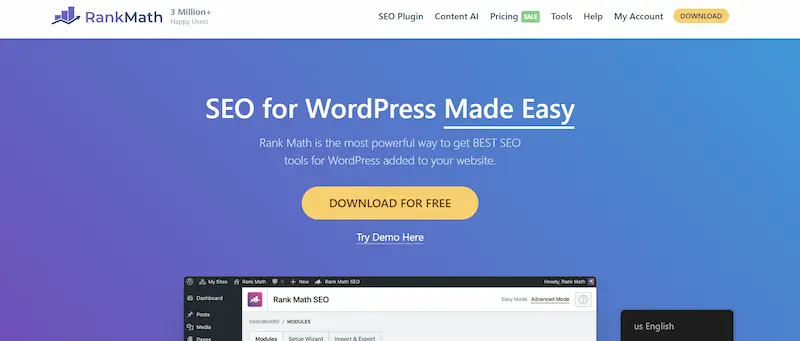I migliori plugin SEO per WordPress: 81 homepage di Rank Math