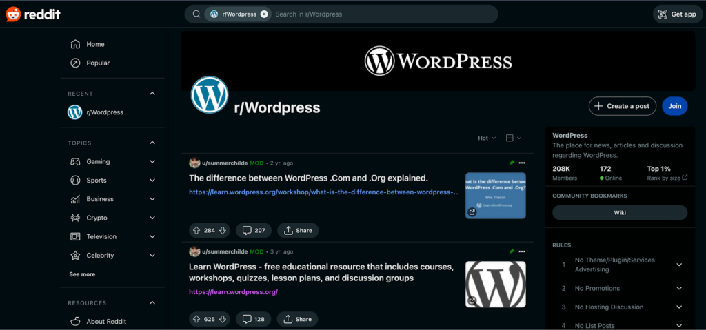 WordPress subreddit per i forum di supporto WP