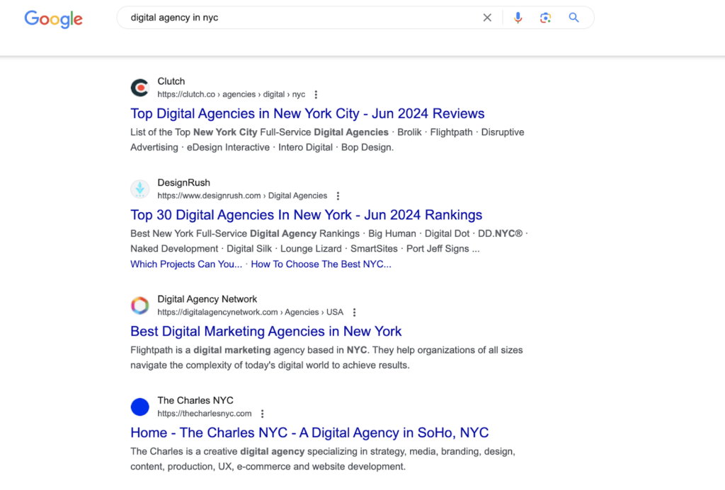 search engine results for the query “digital agency in NYC”