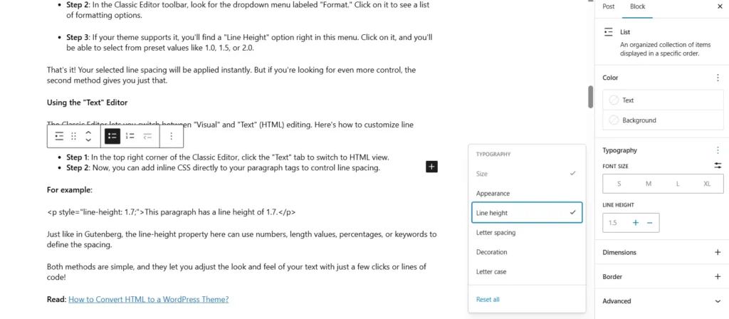 WordPressで行間を変更してユーザーエクスペリエンスを向上させる方法:4つの簡単な方法 79 WordPressのクラシックエディターを使用した行間隔の設定