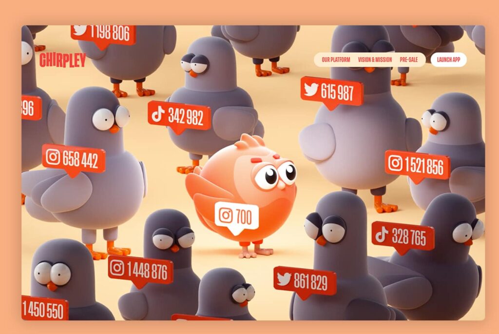 창의성과 상호작용성을 재정의하는 최고의 3D 웹사이트 디자인 사례 78가지 짹짹거리는