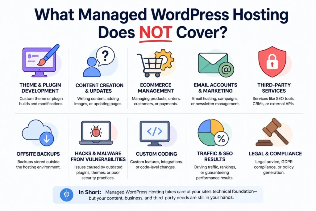 WordPress Maintenance vs Managed Hosting: What's the Difference (and Do You Need Both)? 78 What’s not covered by managed hosting