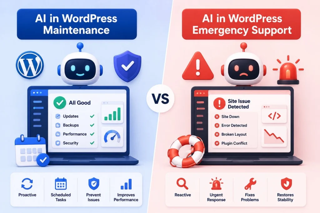 KI-Unterstützung für WordPress-Websites: Was ist das, wie funktioniert es und was ist im Jahr 2026 zu erwarten? 80 KI in WordPress – Wartung vs. Notfall
