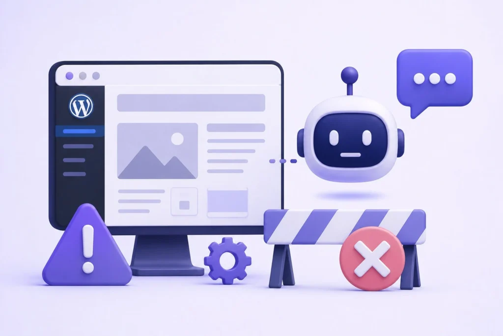 KI-Unterstützung für WordPress-Websites: Was ist das, wie funktioniert es und was ist im Jahr 2026 zu erwarten? 79 WordPress-Supportausfall und Chatbot-Fehler
